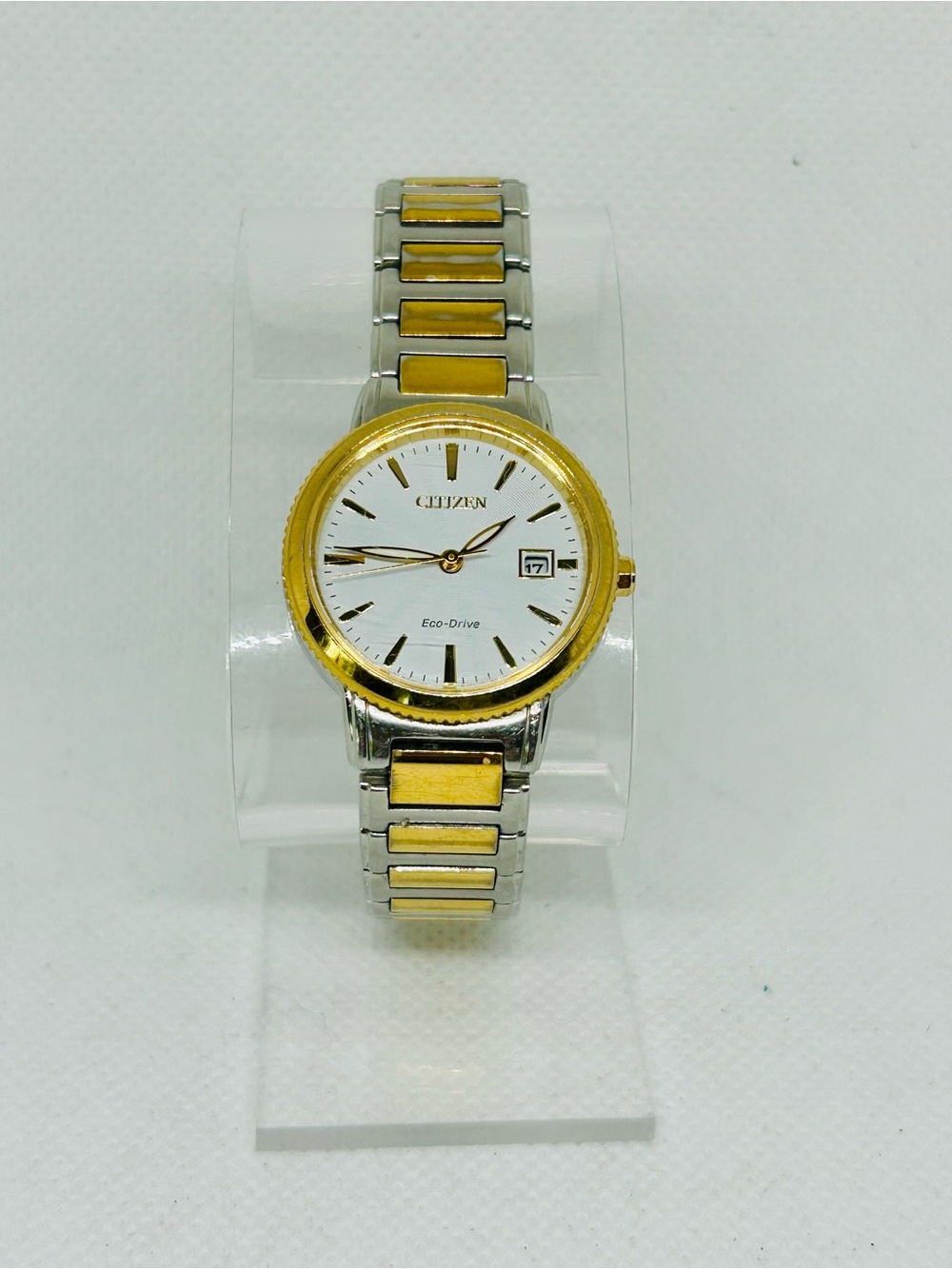Citizen Eco-Drive Two Tone Gold Silver White Dial Date Women’s Watch Running